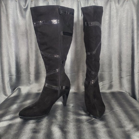 Impo Side Zip-up Mid-calf/Knee-hi Heels black Boots Santana Faux Suede Size 8.5M - Picture 1 of 15